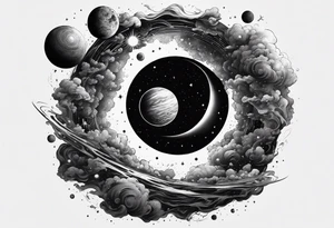 A tattoo that represents a black hole devouring planets orbiting around it. tattoo idea