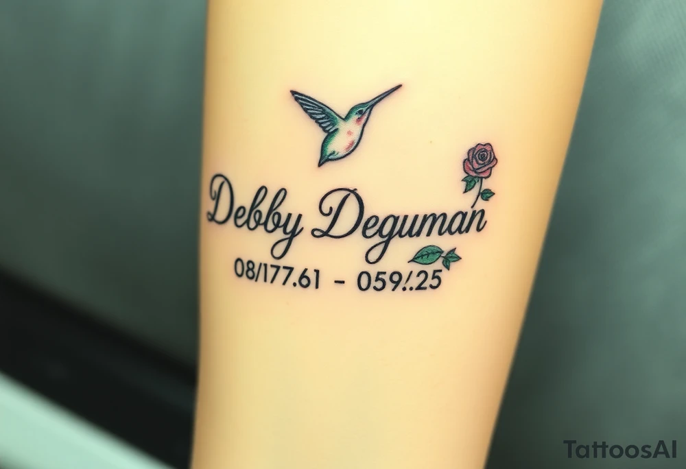 Tattoo of the exact name Debby Deguzman in chunky curly cursive with the exact dates of 08/17/61-05/29/25 surrounded by 1 hummingbird and 1 rose tattoo idea