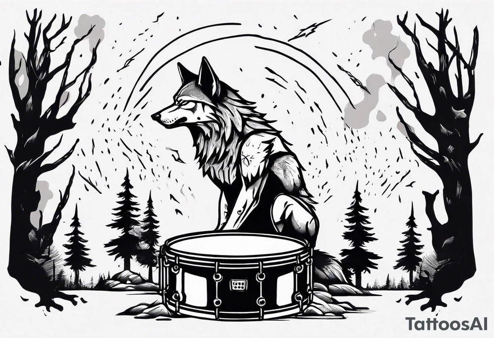 thunderstorm over a forest with a wolf howling on drums tattoo idea thunderstorm over a forest with a wolf howling on drums tattoo idea