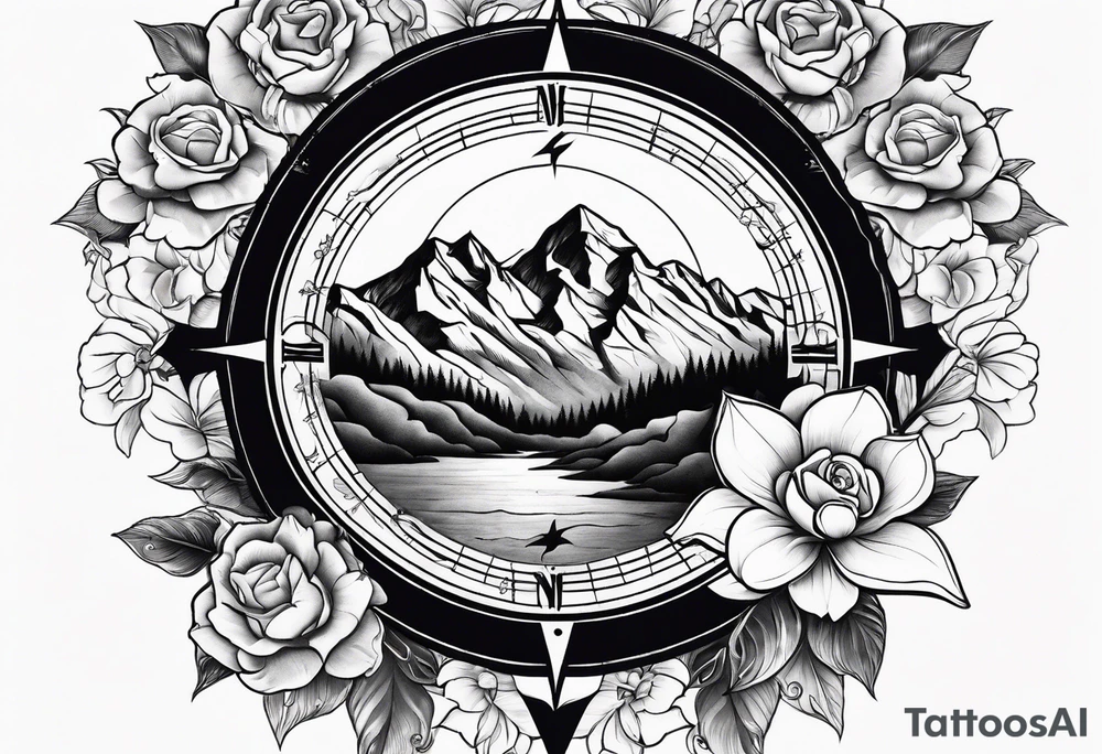 Compass with mountains and moons and flowers like roses or orchids tattoo idea