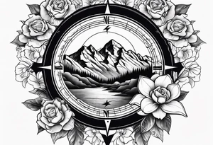 Compass with mountains and moons and flowers like roses or orchids tattoo idea