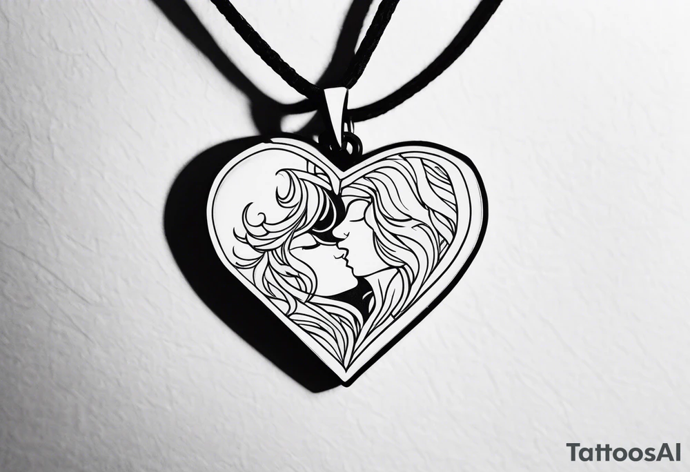 necklace heart locket with a male and female shadow hugging tattoo idea