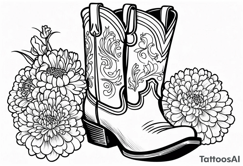 Cowboy boot with bouquet of chrysanthemum, carnations and marigolds inside of boot tattoo idea