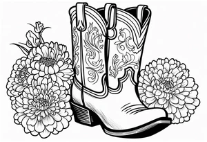 Cowboy boot with bouquet of chrysanthemum, carnations and marigolds inside of boot tattoo idea