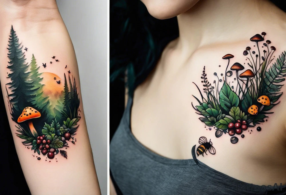 minimalistic forest floor inspired tattoo, which includes grass, moss, curly ferns and dead leaves as the bulk of the tattoo. details to include: forest berries, couple of very small brown mushrooms, a tiny bumblebee flying nearby tattoo idea