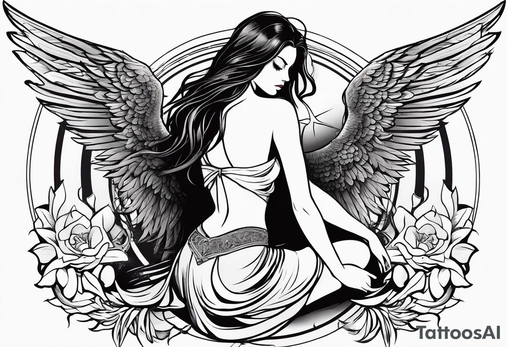 angel girl kneeling inside the symbol of satan vector  with face looking down wings wide open. tattoo idea