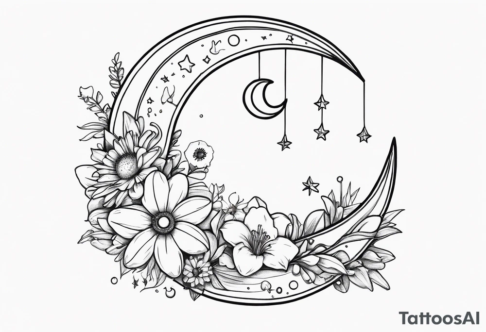 Crescent moon with daisy's, lily’s, crystals, and mushrooms tattoo idea