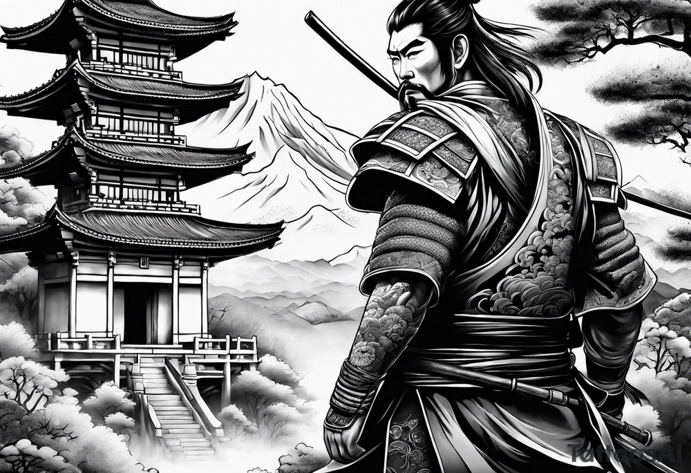 samurai and chinese temple tattoo idea