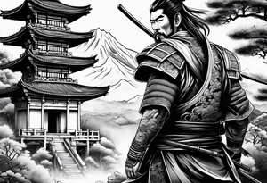 samurai and chinese temple tattoo idea