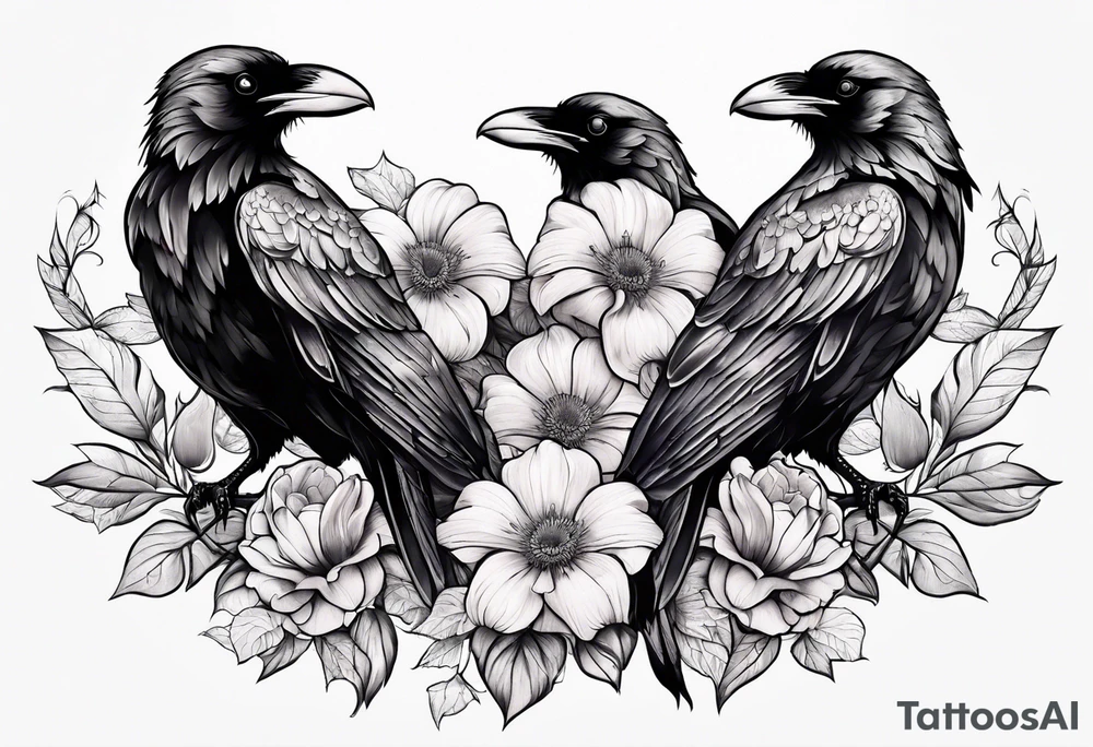 Three Ravens and Flowers or nature tattoo idea