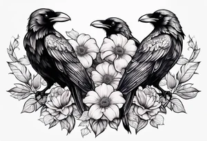 Three Ravens and Flowers or nature tattoo idea