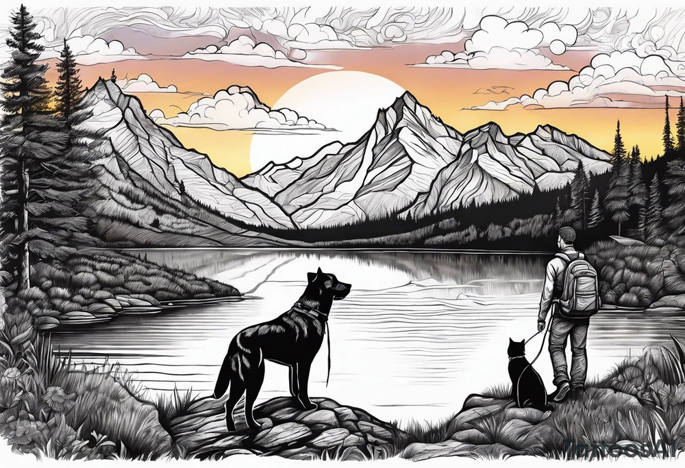 nature, sunset, mountains, a father and son hiking with their dog and cat by the water tattoo idea