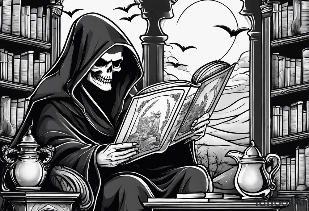 cute grim reaper sitting down reading books tattoo idea