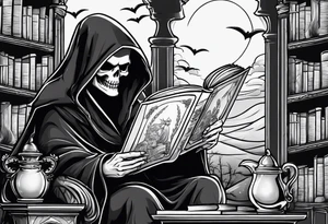 cute grim reaper sitting down reading books tattoo idea
