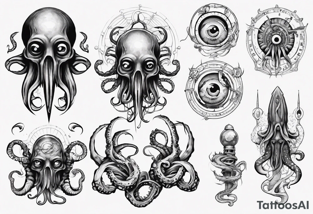 lovecraft long tattoo to put on the forearm, with eye and tentacle tattoo idea