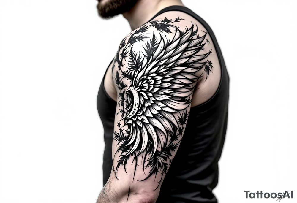 Dunning,on left arm details include angel wing, greek type of font,jungle leaves , tiger claw scratch tattoo idea