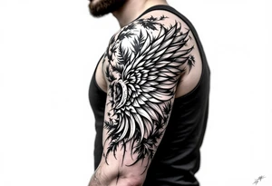 Dunning,on left arm details include angel wing, greek type of font,jungle leaves , tiger claw scratch tattoo idea