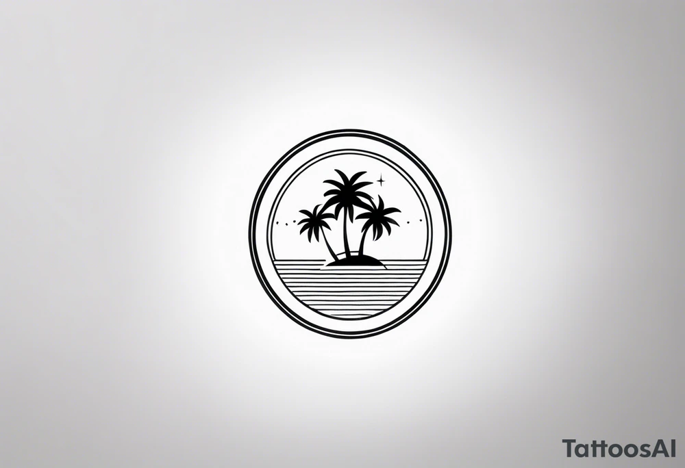 a minimalist tattoo of a sun and a palm tree with the words good vibes below it, make it only small and can fit in a circle tattoo idea