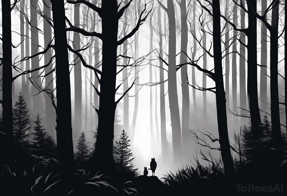 long black silhouettes with white eyes in a big dark forest tattoo idea
