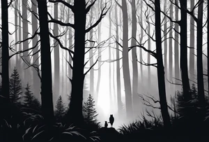 long black silhouettes with white eyes in a big dark forest tattoo idea