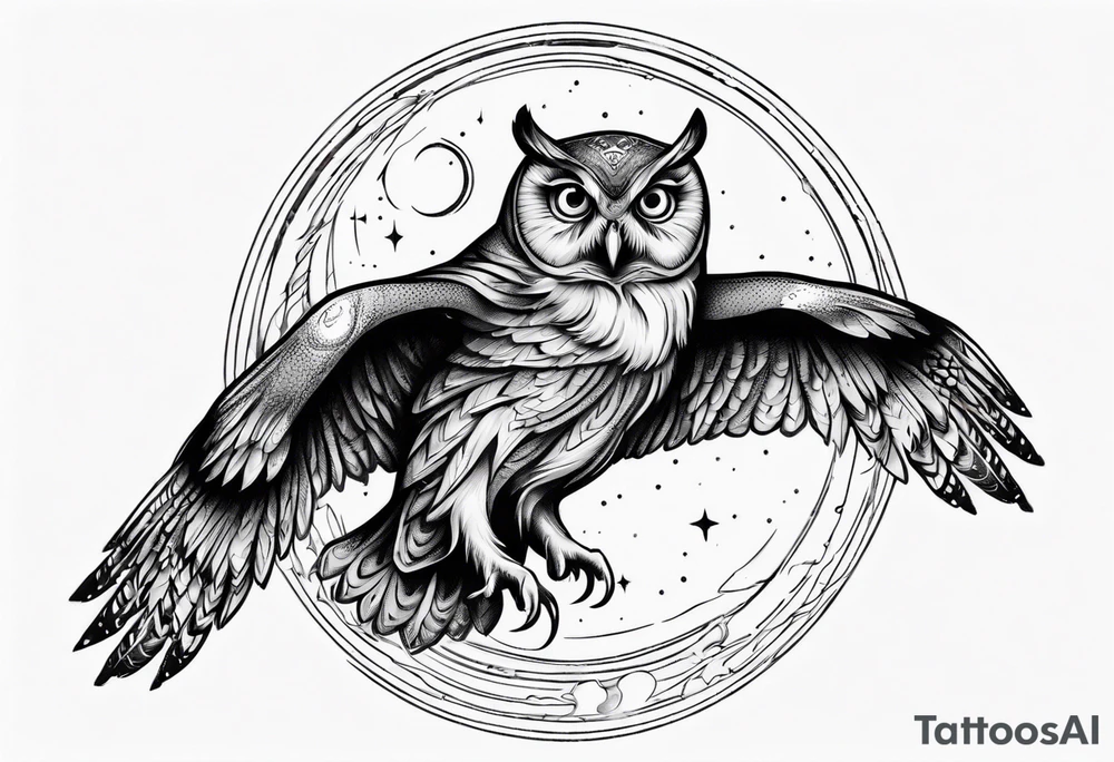 Wise Owl flying towards the Dark Moon. tattoo idea