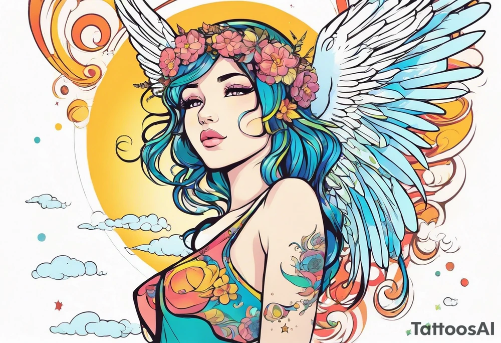 anime style art, girl angel side profile, with wings, with floating halo, anime style tattoo idea