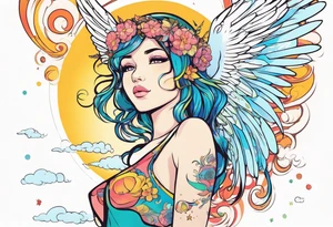anime style art, girl angel side profile, with wings, with floating halo, anime style tattoo idea