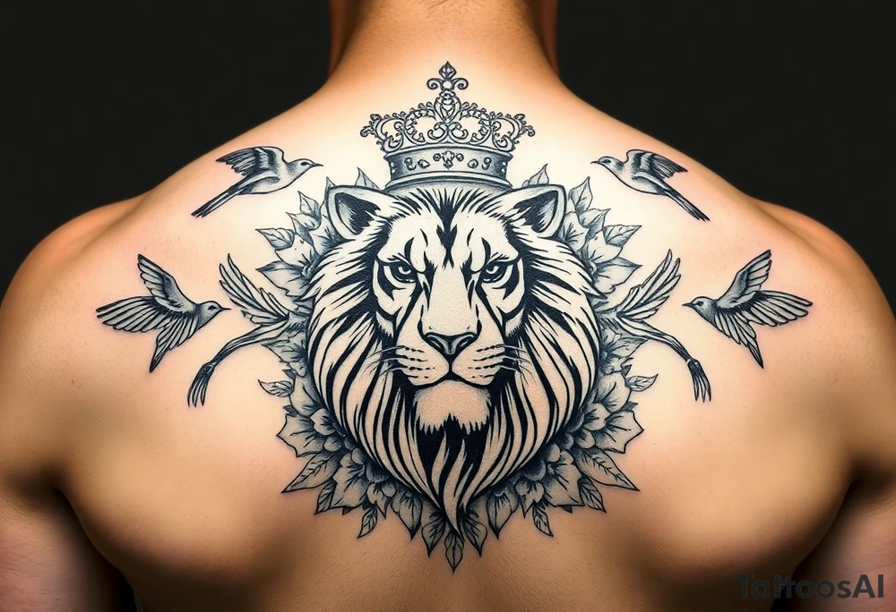 powerful majestic lion with a crown, surrounded by floral ornaments and birds tattoo idea