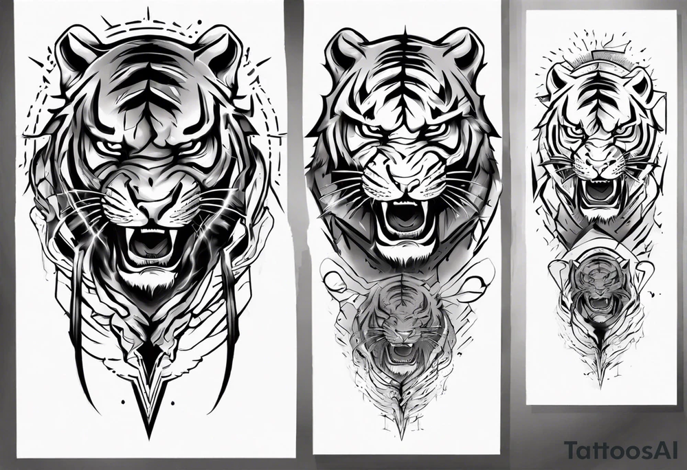 Tiger warrior with lightning and the sun for a forearm sleeve tattoo idea