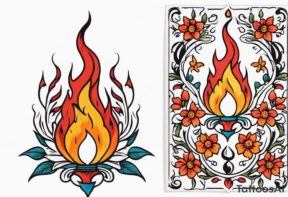 flames of fire
old school vintage simple traditional design surrounded by vintage flowers


bold color simple tattoo idea