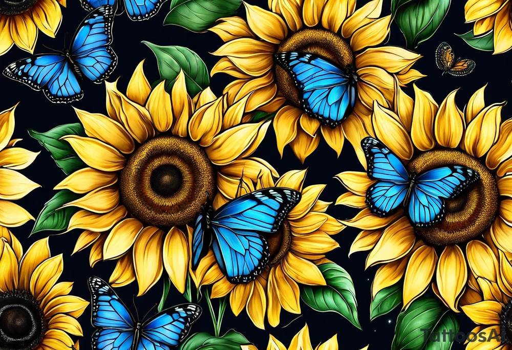 Sunflowers, full moon, blue morpho butterflies, starry sttary night, you are my sunshine. tattoo idea