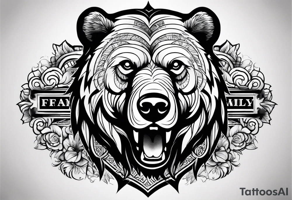 Powerful bear with the word family written tattoo idea