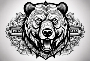 Powerful bear with the word family written tattoo idea