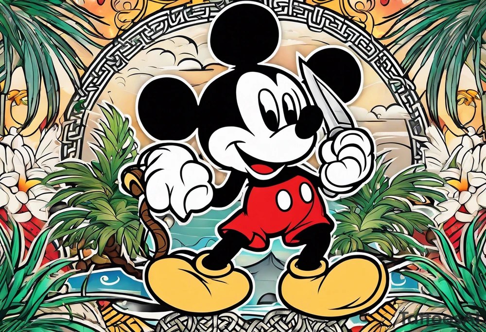 mickey mouse holding a knife in one hand and a stick in the other hand with palm trees and the celtic symbol for family tattoo idea