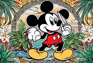 mickey mouse holding a knife in one hand and a stick in the other hand with palm trees and the celtic symbol for family tattoo idea
