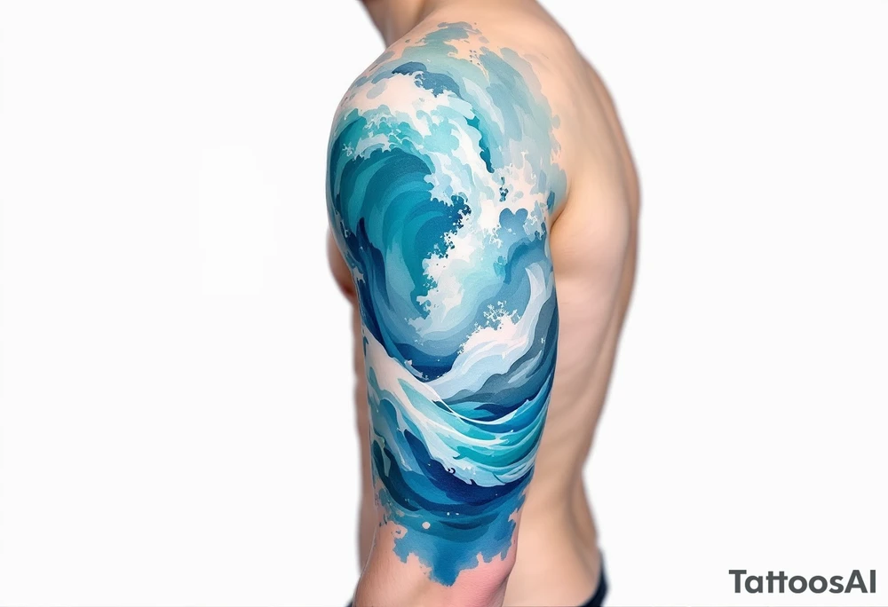 A wave in layered brushstrokes of teal, indigo, and gray mimics a watercolor painting. tattoo idea