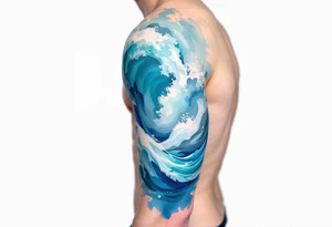 A wave in layered brushstrokes of teal, indigo, and gray mimics a watercolor painting. tattoo idea