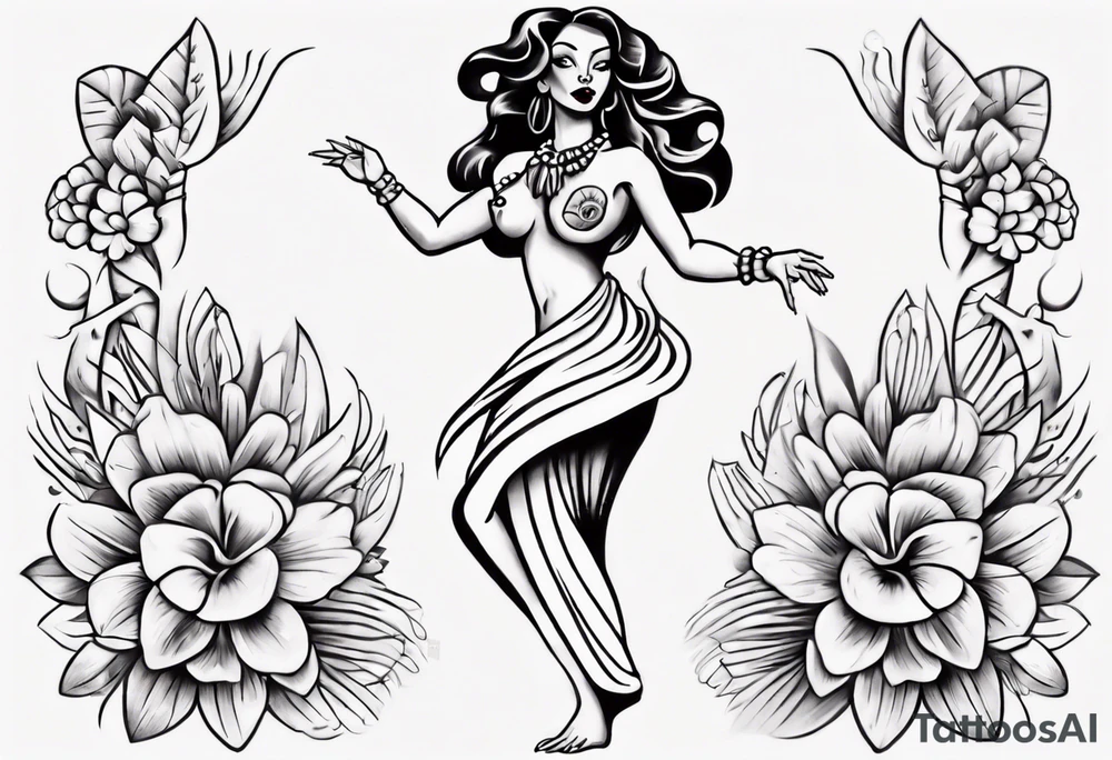 Old School Tattoo Style, Hula Girl dancing, full body, white background --no skin tattoo idea