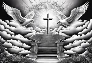 A heavenly stairway to heaven with clouds with a cross with two doves and Bible verse tattoo idea