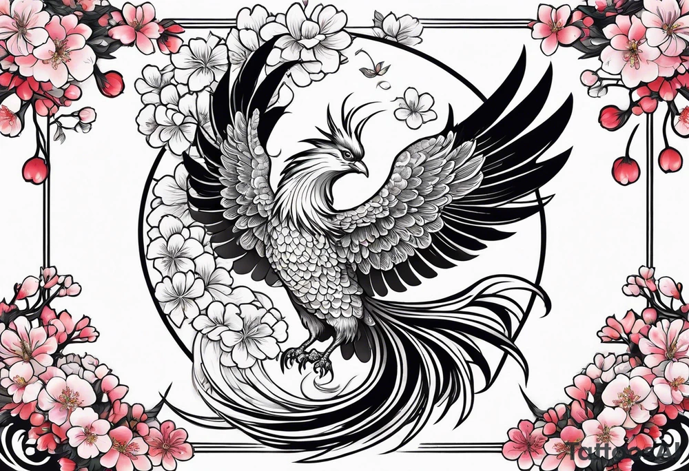 traditional Japanese phoenix and cherry blossoms no background tattoo idea