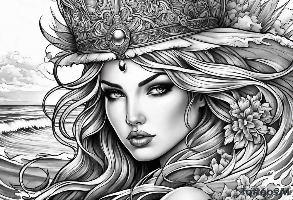 goddess, stormy sea, full length tattoo idea