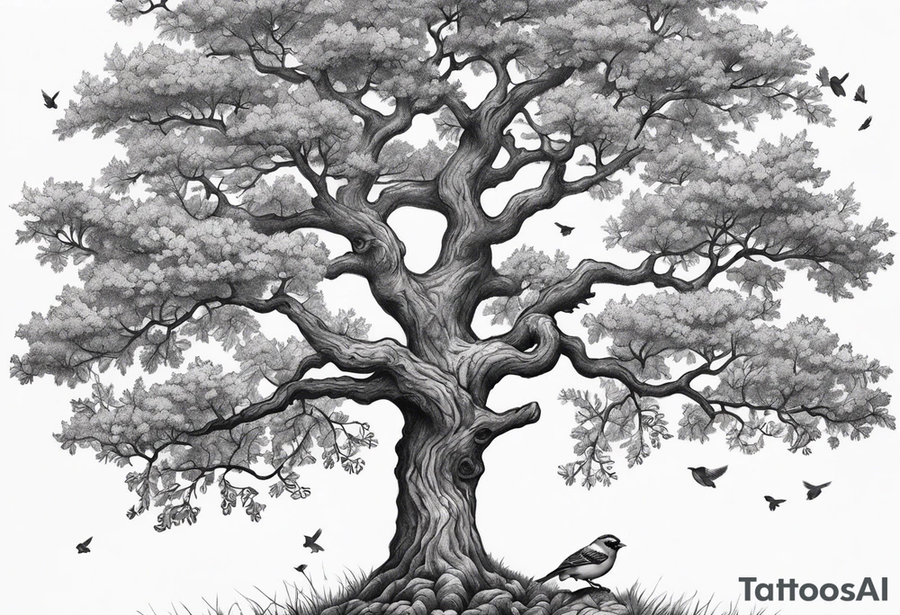 black oak tree with finch birds tattoo idea