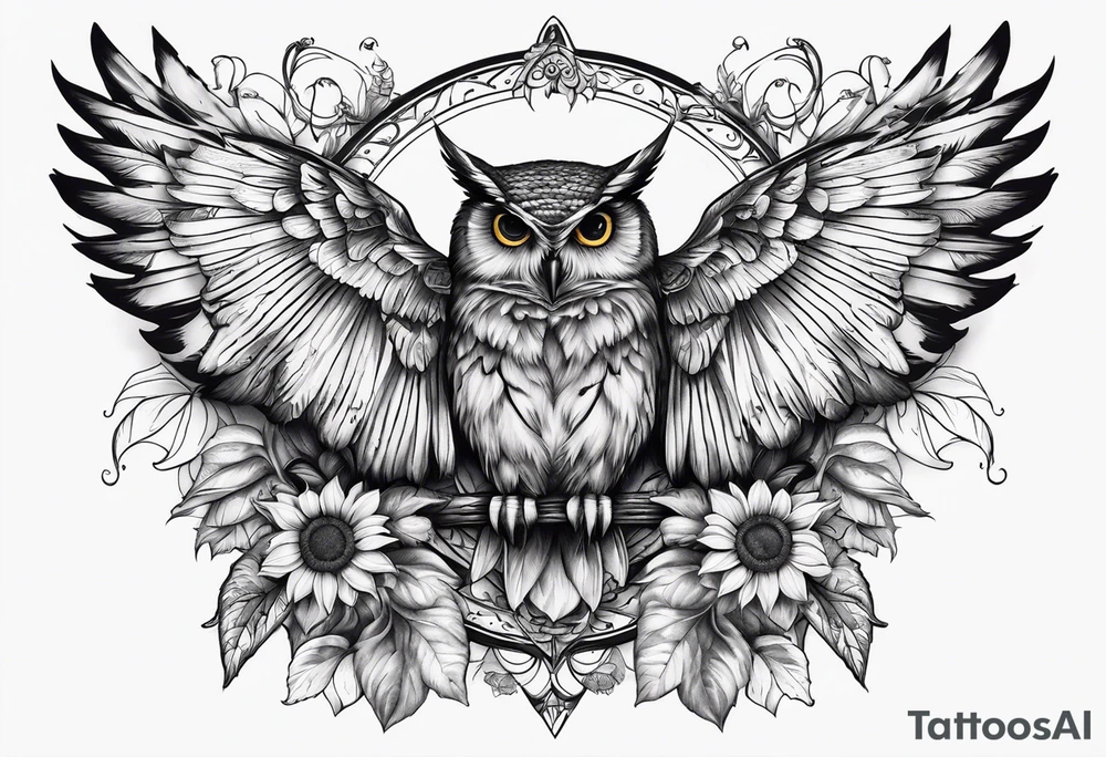 Winged cross with sunflower and butterflies that looks like an owl tattoo idea