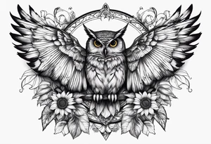 Winged cross with sunflower and butterflies that looks like an owl tattoo idea