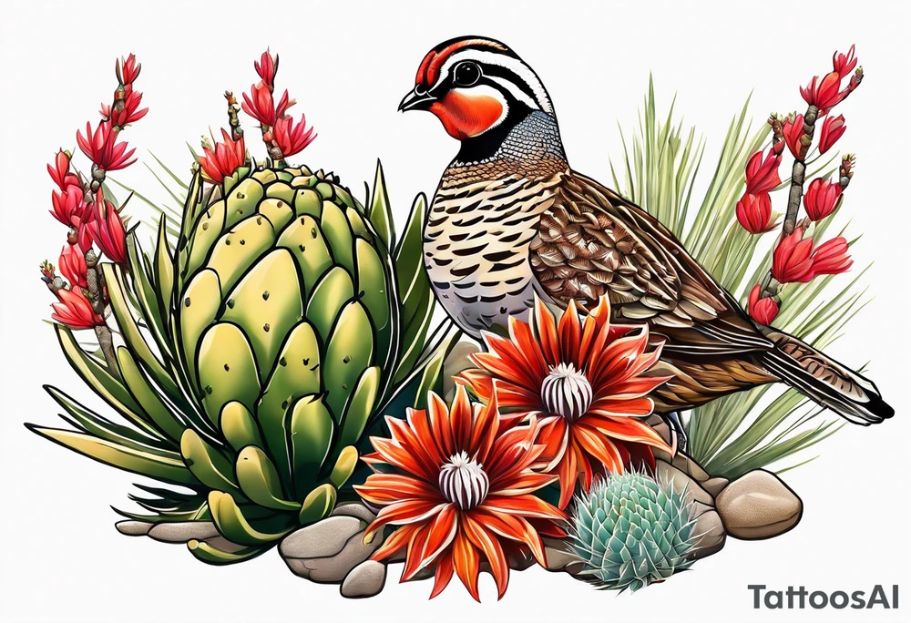 Three quails, desert flowers, cactus, ocotillo, tattoo idea