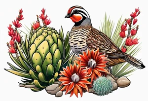 Three quails, desert flowers, cactus, ocotillo, tattoo idea