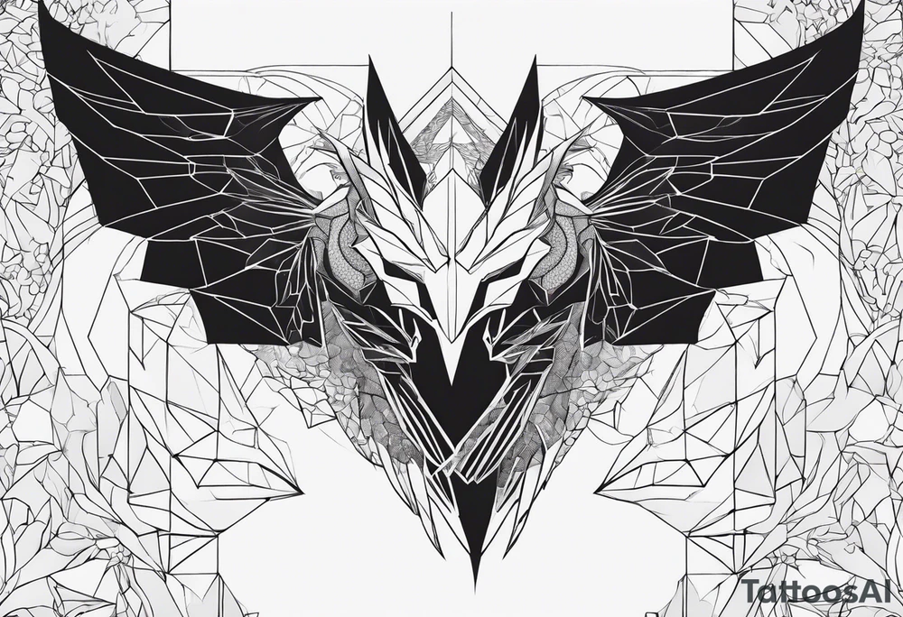 angel, dragon, geometric lines, figures, constellation cancer tattoo idea