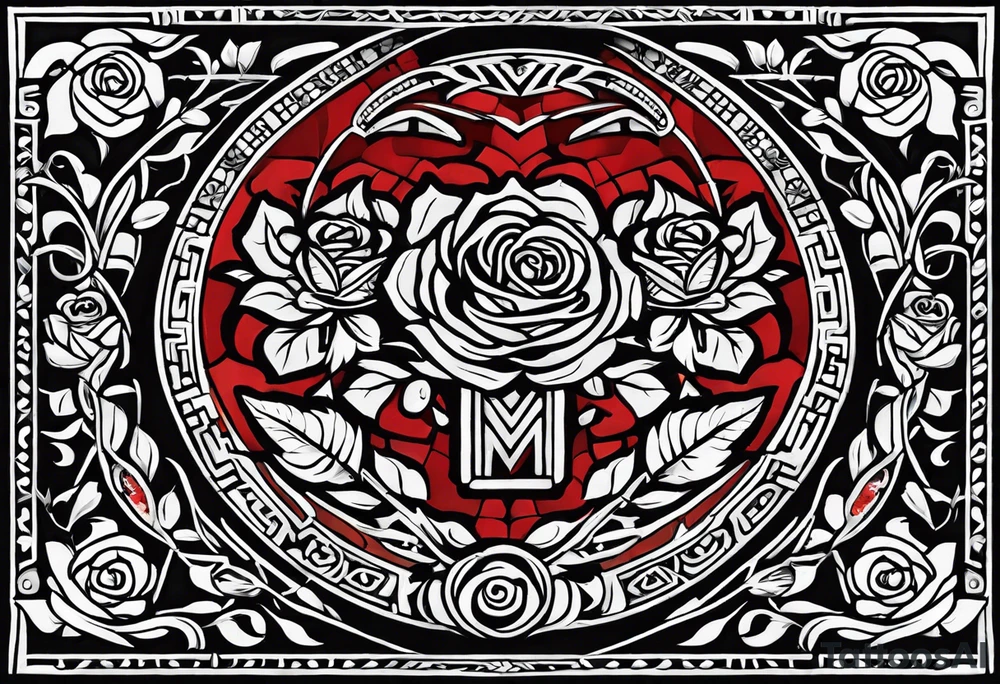 Design a masculine tattoo depicting three delicate rose buds being embraced and protected by 
Aztec weapons. The weapons should include elements such as the macuahuitl (Aztec sword-club)
, arranged in a way that forms a protective circle or embrace around the roses. Carve the entire image as if it were a stone sculpture by an ancient Aztec artist, with the texture resembling intricately detailed stone carvings. The roses should be slightly softer but still stylized in stone, giving the entire tattoo a powerful, yet artistic and ancient feel. Use bold, sharp lines to capture the essence of Aztec craftsmanship

Historically accurate tattoo idea