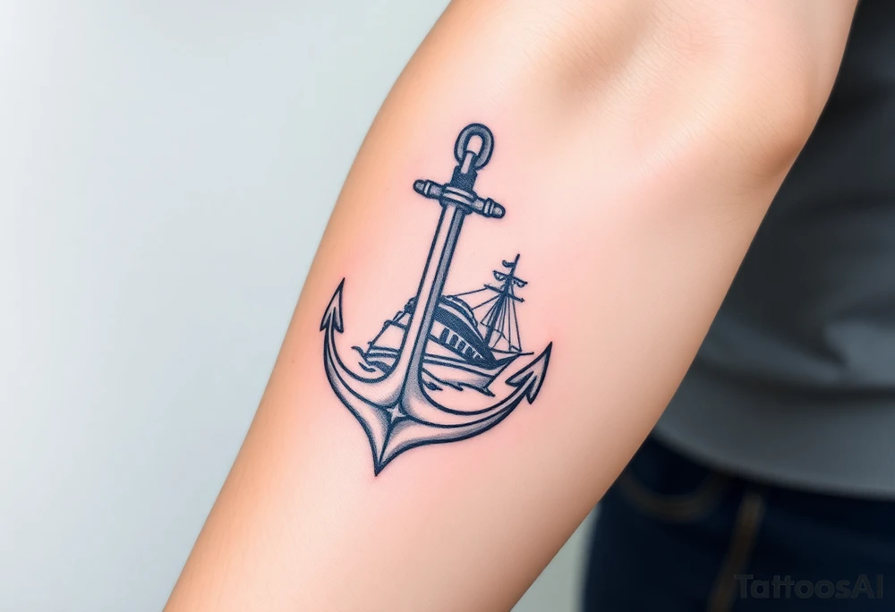 bold man with anchor and yacht
put on arm tattoo idea