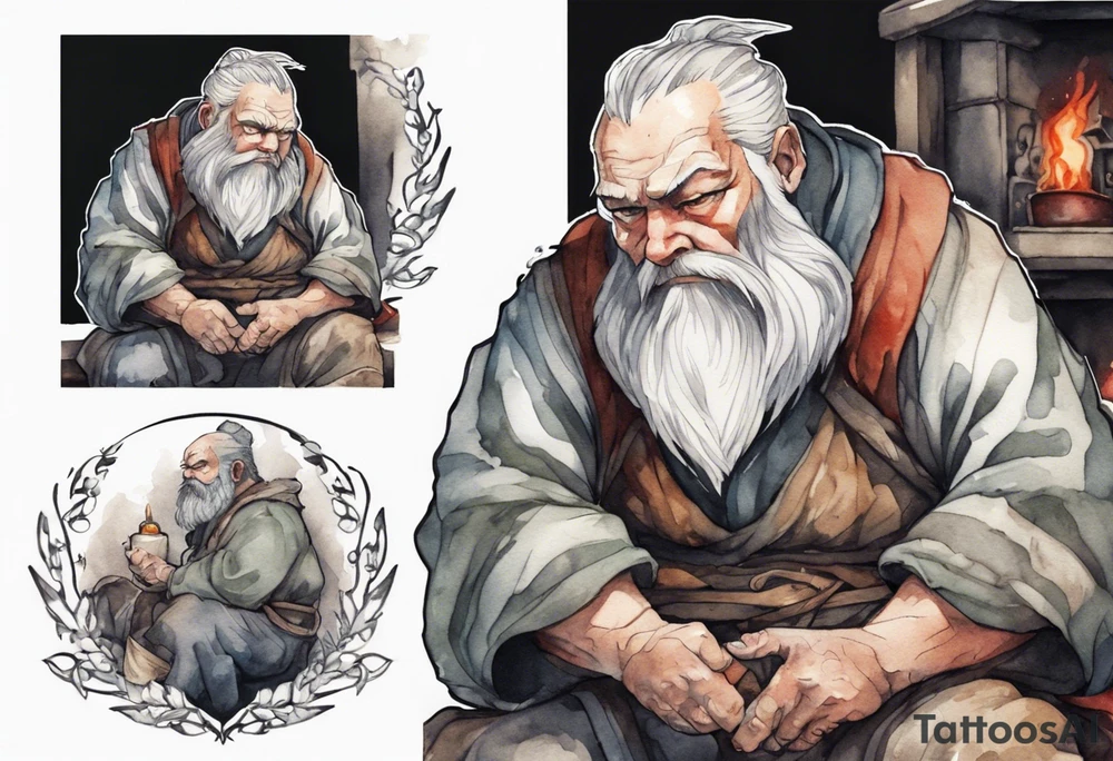a large Medieval man with a grey beard scowling sitting by the hearth tattoo idea